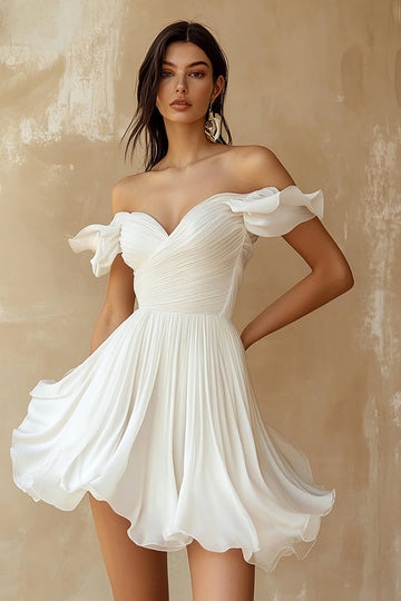 ZAPAKA Women Off the Shoulder Graduation Dress A Line Ruffled Pleated Little White Dress